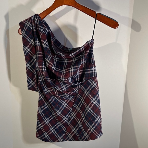 NWOT Eva Franco Daphne One Shoulder Plaid Glittered Ruched Top Size 2 - Picture 1 of 16